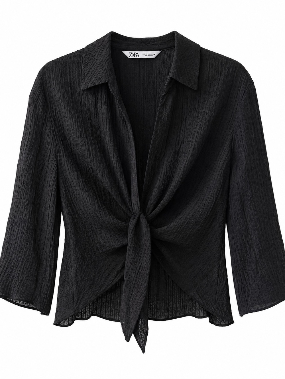 Zara Black Tie Front Top Size S Textured Boho Chic Blouse